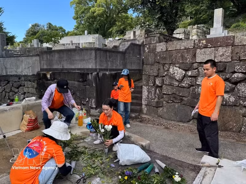 Voluntarios plantan flores y limpian los alrededores de la tumba de la princesa Ngoc Hoa en Nagasaki. (Foto: VNA)