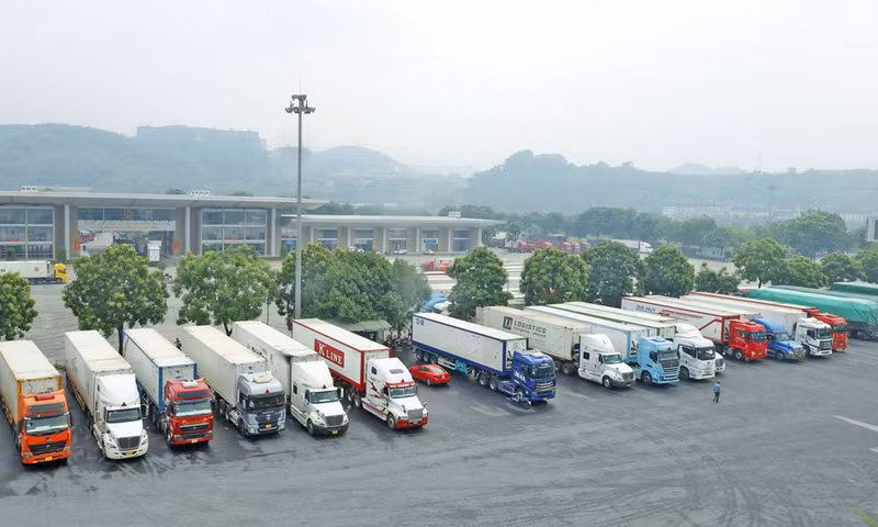 Camiones cargados con productos agrícolas para la exportación, incluido lichi fresco, en el paso fronterizo internacional número 2 de Kim Thanh. (Foto: baobacninhtv.vn)
