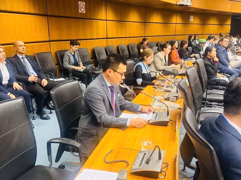 El embajador Vu Le Thai Hoang, representante permanente de Vietnam ante la ONU y otras organizaciones internacionales en Viena (Austria), interviene en la cita. (Foto: Nhan Dan)