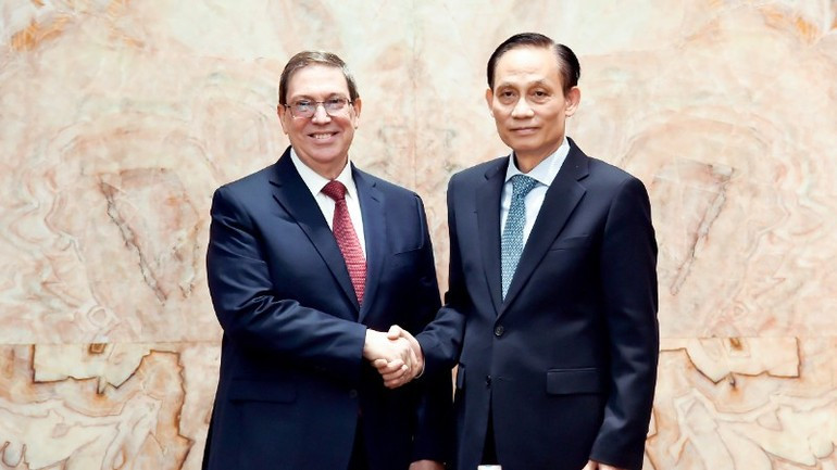 El miembro del Buró Político y ministro de Relaciones Exteriores de Vietnam, Le Hoai Trung, y el enviado especial del Partido Comunista y del Estado de Cuba, miembro del Buró Político y canciller, Bruno Rodríguez Parrilla. (Foto: baoquocte.vn)