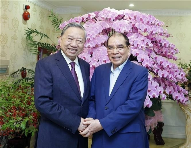 El secretario general del Partido Comunista de Vietnam, To Lam, realiza una visita y transmite felicitaciones por el Año Nuevo Lunar al exsecretario general Nong Duc Manh. (Foto: VNA)