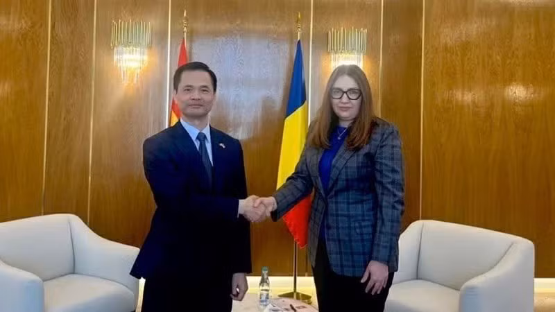 El embajador vietnamita en Rumanía, Le Vinh Thang, y la secretaria de Estado para Asuntos Estratégicos y Globales del Ministerio de Asuntos Exteriores de ese país, Ana Tinca. (Foto: Nhan Dan)