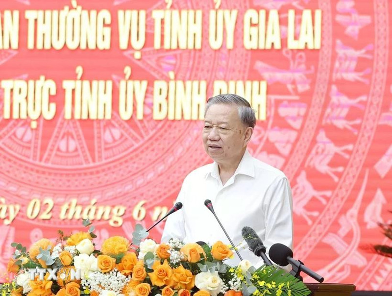 El secretario general del Partido Comunista de Vietnam (PCV), To Lam, interviene en la reunión. (Foto: VNA)