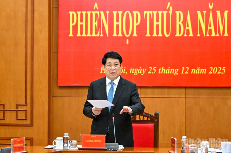 El presidente Luong Cuong habla en la reunión. (Foto: Nhan Dan)