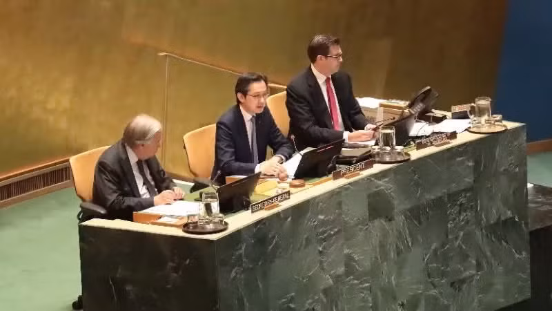 El embajador Do Hung Viet (centro), representante permanente de Vietnam ante la ONU, preside la conferencia. (Foto: VNA)