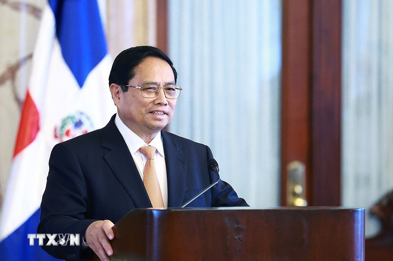 El jefe de Gobierno vietnamita, Pham Minh Chinh, habla en la rueda de prensa. El jefe de Gobierno vietnamita, Pham Minh Chinh, habla en la rueda de prensa.