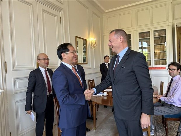 El canciller de Vietnam, Bui Thanh Son en el encuentro con Emmanuel Bonne, asesor de Relaciones Exteriores del Presidente francés (Foto: VNA) El canciller de Vietnam, Bui Thanh Son en el encuentro con Emmanuel Bonne, asesor de Relaciones Exteriores del Presidente francés (Foto: VNA)