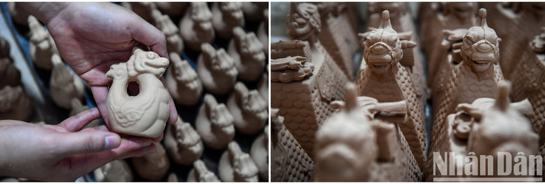 Primer plano de los productos con imágenes del dragón después de ser secados de los moldes.