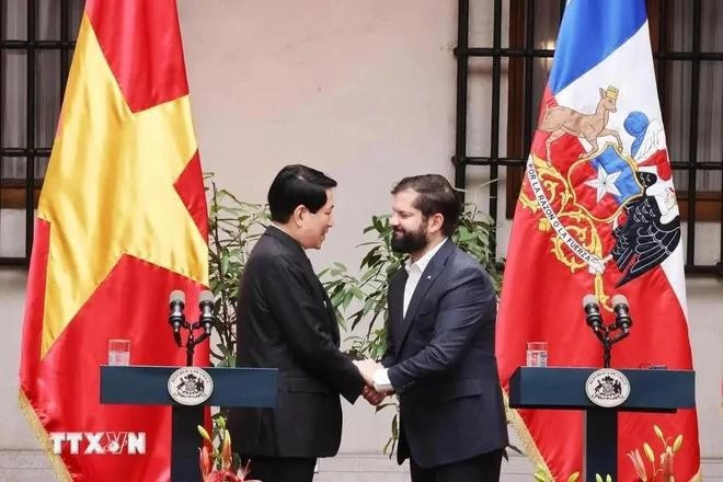 El presidente vietnamita Luong Cuong (izquierda) y su homólogo chileno Gabriel Boric Font. (Foto: VNA) El presidente vietnamita Luong Cuong (izquierda) y su homólogo chileno Gabriel Boric Font. (Foto: VNA)