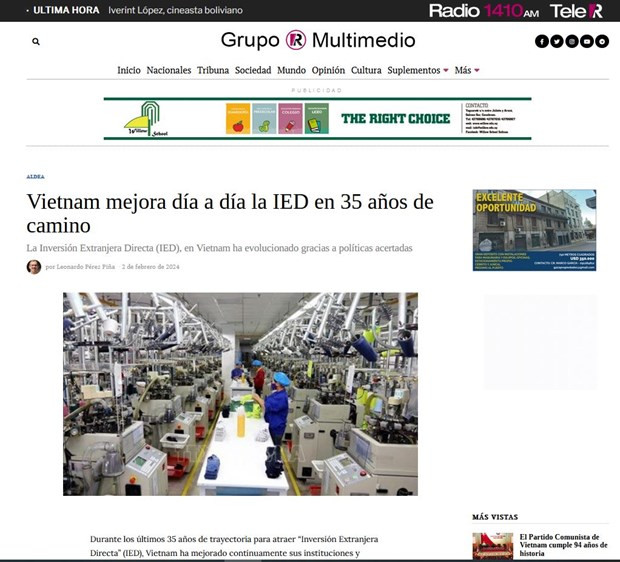 El artículo "Vietnam mejora día a día la IED en 35 años de camino" fue publicado el 2 de febrero de 2024 por el Grupo Multimedio de Uruguay. (Fotografía: Grupo Multimedio) El artículo "Vietnam mejora día a día la IED en 35 años de camino" fue publicado el 2 de febrero de 2024 por el Grupo Multimedio de Uruguay. (Fotografía: Grupo Multimedio)