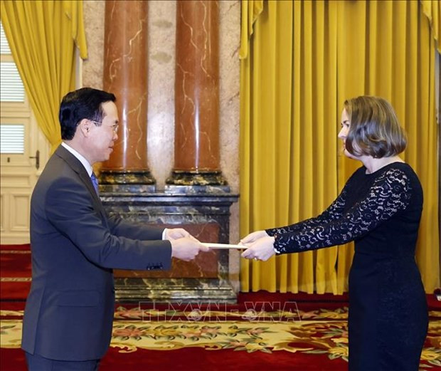 El presidente de Vietnam, Vo Van Thuong, recibe a Deirdre Ní Fhallúin, embajadora de Irlanda en Hanói. (Fotografía: VNA)