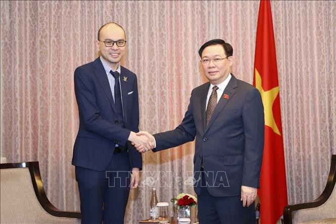 El presidente de la Asamblea Nacional, Vuong Dinh Hue, recibe al Sr. Albert, cofundador de Traveloka. (Fotografía: VNA)