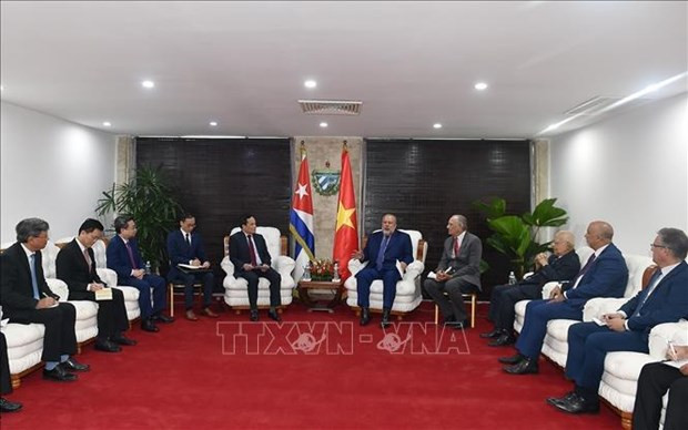El viceprimer ministro de Vietnam Tran Luu Quang conversa con el primer ministro de Cuba, Manuel Marrero Cruz. (Foto: VNA)