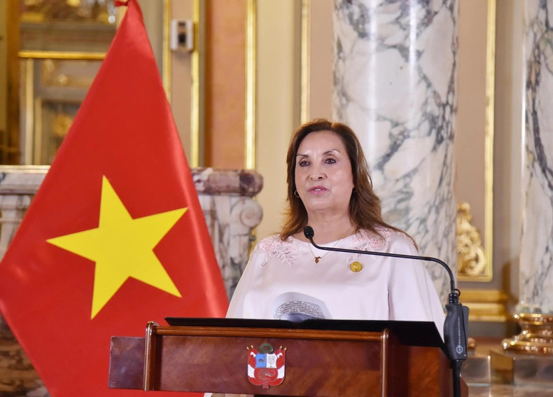 La presidenta Perú, Dina Ercilia Boluarte Zegarra, habla en el evento. (Fuente: VNA)