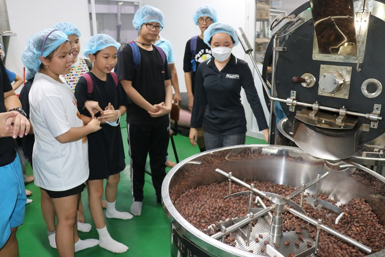 Jóvenes turistas conocen el proceso de tostar los granos de cacao para producir chocolate. Foto: VNA