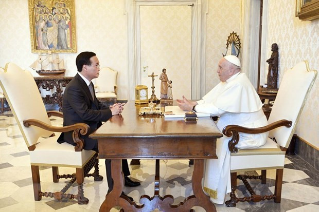 El presidente vietnamita, Vo Van Thuong, se reúne con el Papa Francisco (Fuente: VNA) El presidente vietnamita, Vo Van Thuong, se reúne con el Papa Francisco (Fuente: VNA)