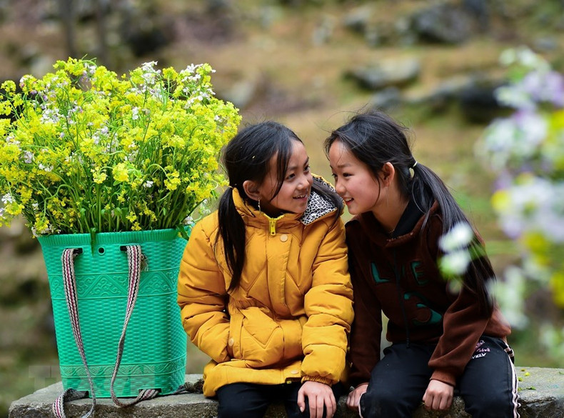 Niñas con canasta llena de flores de canola a sus espaldas juegan en la pendiente de Tham Ma. Niñas con canasta llena de flores de canola a sus espaldas juegan en la pendiente de Tham Ma.