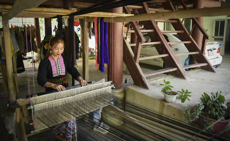 Muchacha de la etnia Lao teje telas de brocado. (Foto: VNA)
