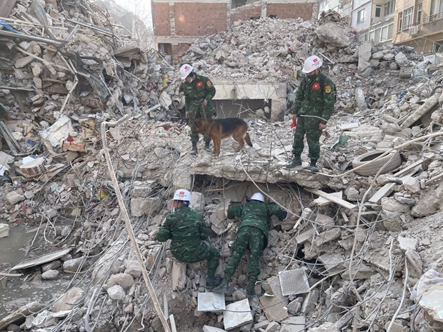 Socoristas vietnamitas en un edificio derrumbado en la ciudad de Adiyaman (Fotografía: VNA) Socoristas vietnamitas en un edificio derrumbado en la ciudad de Adiyaman (Fotografía: VNA)