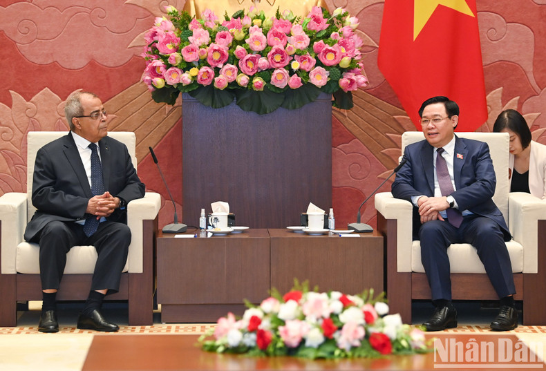 El presidente de la Asamblea Nacional de Vietnam, Vuong Dinh Hue, sostiene conversaciones con el ministro de Industria y Producción Farmacéutica de Argelia, Ali Aoun.