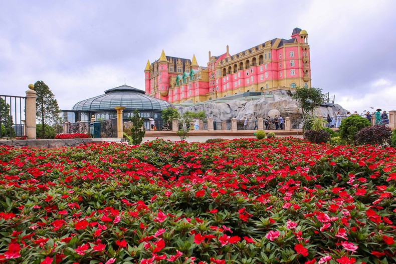 La zona turística Sun World Ba Na Hills se sumerge en la naturaleza con alfombras de flores de color rojo brillante. La zona turística Sun World Ba Na Hills se sumerge en la naturaleza con alfombras de flores de color rojo brillante.