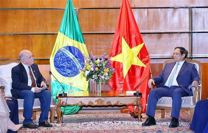 El panorama de la reunión entre el primer ministro vietnamita, Pham Minh Chinh, y Pedro de Olivera, secretario general de la Asociación de Amistad Brasil-Vietnam. (Fotografía: VNA)