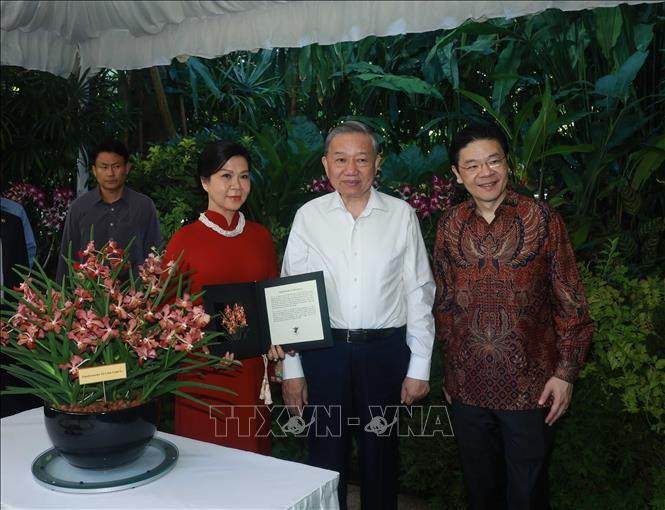 To Lam y su esposa, junto con el premier singapurense, asisten a la ceremonia de nombramiento de una nueva especie de orquídea llamada “Papilionanda To Lam Linh Ly” en el Jardín Botánico de Singapur. (Foto: VNA)