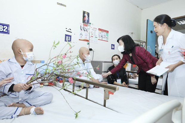 La ministra de Salud de Vietnam, Dao Hong Lan, visitó los pacientes pediátricos en el Instituto Central de Hematología y Transfusión Sanguínea. (Foto: VNA)
