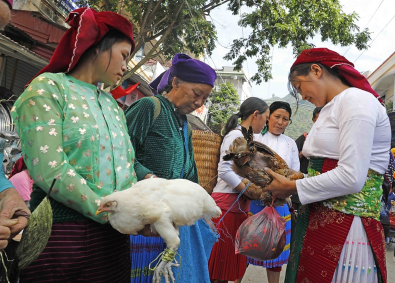 Las personas intercambian, compran y venden productos en el mercado de Meo Vac. (Foto: VNA) Las personas intercambian, compran y venden productos en el mercado de Meo Vac. (Foto: VNA)