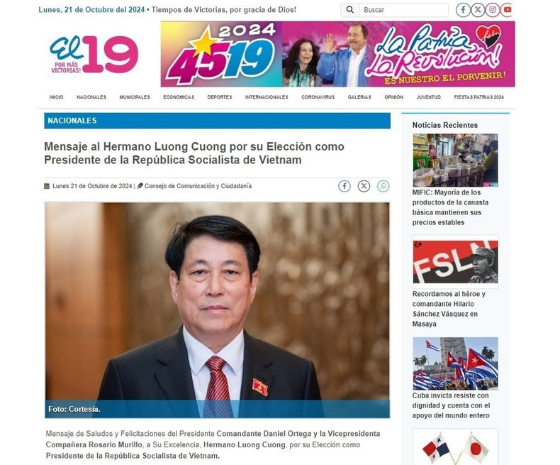 El presidente de Nicaragua, Daniel Ortega, envía felicitaciones al nuevo presidente de Vietnam, Luong Cuong. (Foto: captura de la pantalla)