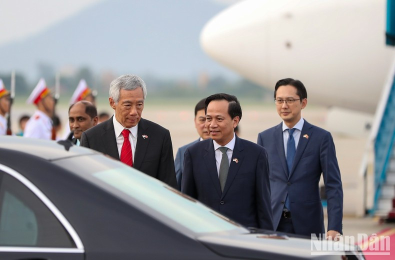 El ministro de Trabajo, Inválidos de Guerra y Asuntos Sociales, Dao Ngoc Dung, recibe al primer ministro de Singapur, Lee Hsien Loong, en el aeropuerto internacional de Noi Bai. El ministro de Trabajo, Inválidos de Guerra y Asuntos Sociales, Dao Ngoc Dung, recibe al primer ministro de Singapur, Lee Hsien Loong, en el aeropuerto internacional de Noi Bai.