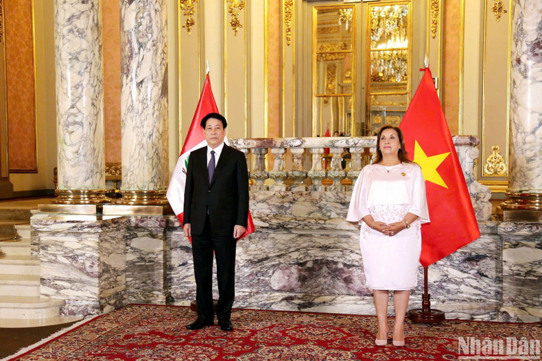 El presidente vietnamita, Luong Cuong, y la presidenta peruana, Dina Ercilia Boluarte Zegarra, en el acto. (Foto: VNA)