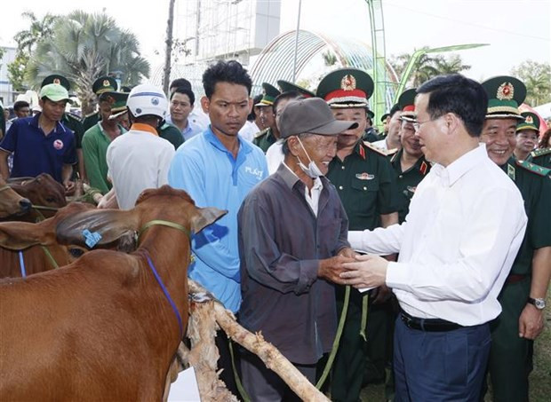 El presidente de Vietnam regala vacas a hogares pobres en Kien Giang. (Foto: VNA) El presidente de Vietnam regala vacas a hogares pobres en Kien Giang. (Foto: VNA)