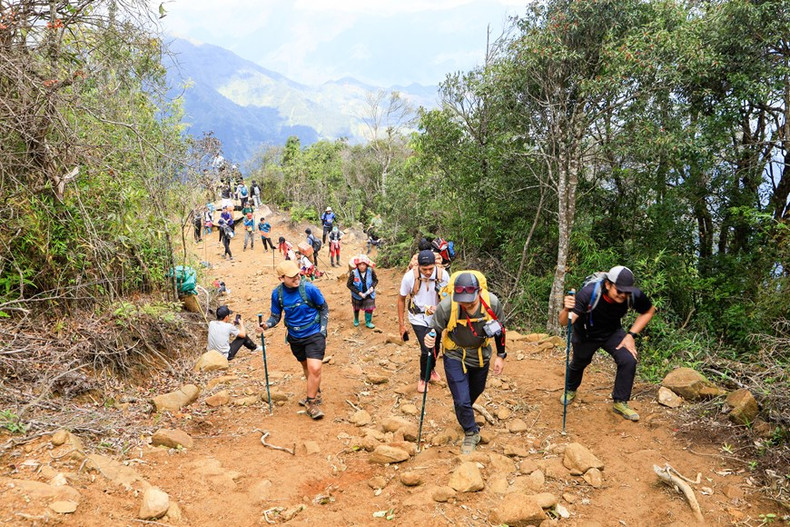Un grupo de viajeros tailandeses en el camino para conquistar la cima Ta Xua. (Fuente: VNA)