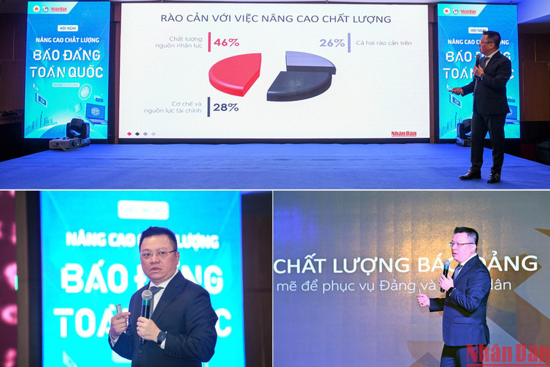 Le Quoc Minh, subjefe de la Comisión de Comunicación y Educación del Comité Central del PCV, presidente-editor del periódico Nhan Dan y titular de la Asociación de Periodistas del país, presenta su ponencia “Fuerte transformación para servir al Partido y al pueblo&quot;.