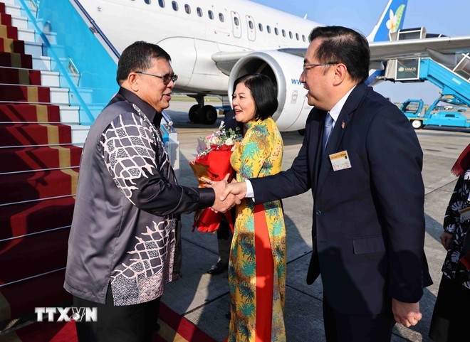 Acto de bienvenida al presidente de la Cámara de Representantes de Malasia, Tan Sri Dato Johari Bin Abdul, y a su esposa, en el aeropuerto internacional de Noi Bai. (Foto: VNA)