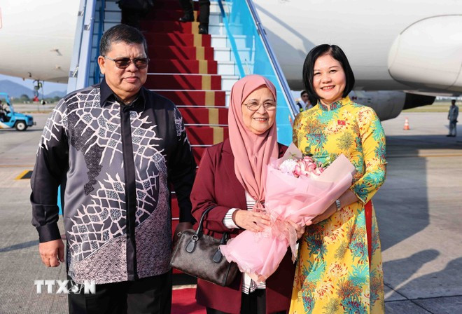 Acto de bienvenida al presidente de la Cámara de Representantes de Malasia, Tan Sri Dato Johari Bin Abdul, y a su esposa, en el aeropuerto internacional de Noi Bai. (Foto: VNA)