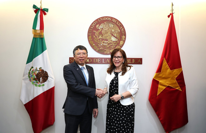 La presidenta de la Comisión de Relaciones Exteriores Asia- Pacífica del Senado de la República de México, Yeidckol Polevnsky Gurwitz, recibe al embajador designado de Vietnam en México, Nguyen Van Hai. (Foto: VNA)