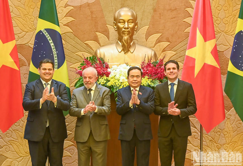 El presidente de la ANV, Tran Thanh Man, y el presidente brasileño, Luiz Inácio Lula da Silva, y delegados en la entrevista. El presidente de la ANV, Tran Thanh Man, y el presidente brasileño, Luiz Inácio Lula da Silva, y delegados en la entrevista.