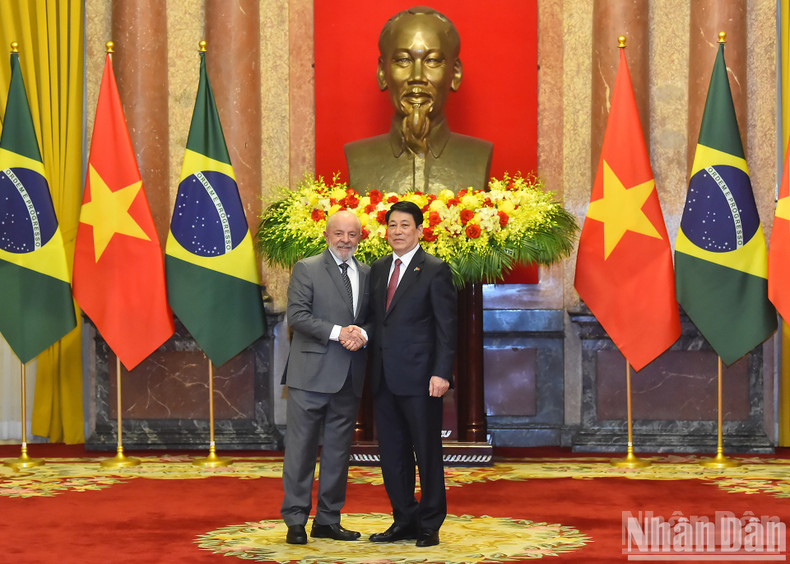 El presidente Luong Cuong y su par brasileño Luiz Inácio Lula da Silva se toman una foto juntos en la ceremonia de bienvenida. El presidente Luong Cuong y su par brasileño Luiz Inácio Lula da Silva se toman una foto juntos en la ceremonia de bienvenida.
