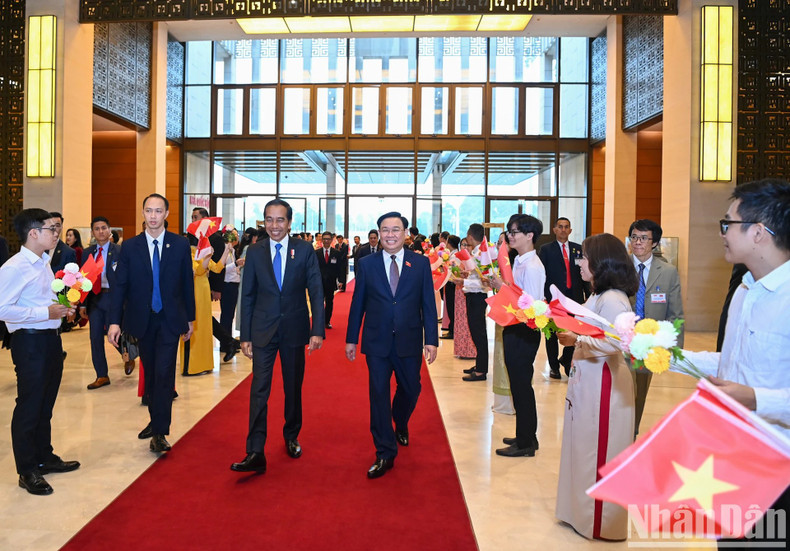 El presidente de la ANV, Vuong Dinh Hue, y el mandatario indonesio, Joko Widodo.