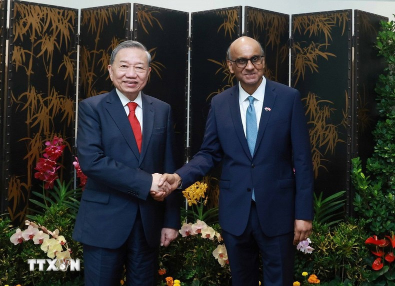 El secretario general del PCV, To Lam, y el presidente de Singapur, Tharman Shanmugaratnam. (Foto: VNA) El secretario general del PCV, To Lam, y el presidente de Singapur, Tharman Shanmugaratnam. (Foto: VNA)