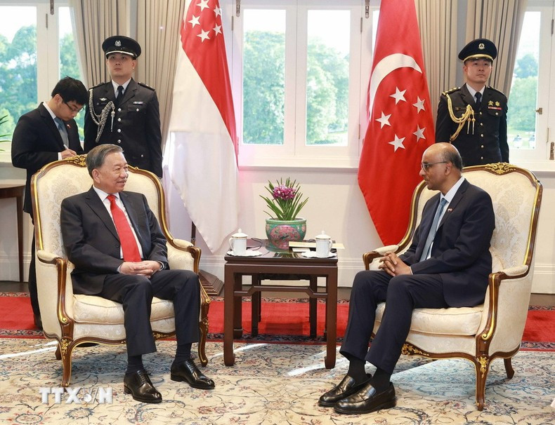 El secretario general del PCV, To Lam, se entrevista con el presidente de Singapur, Tharman Shanmugaratnam. (Foto: VNA) El secretario general del PCV, To Lam, se entrevista con el presidente de Singapur, Tharman Shanmugaratnam. (Foto: VNA)