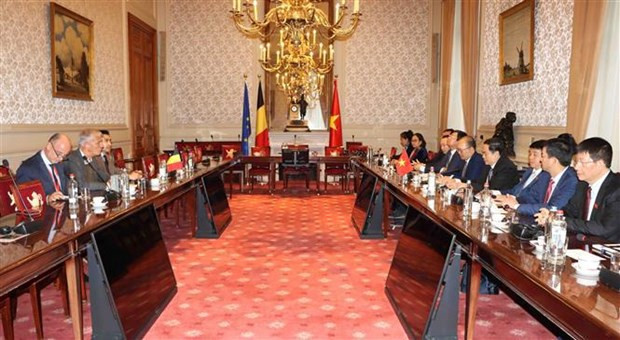 El vicepresidente permanente de la Asamblea Nacional de Vietnam, Tran Thanh Man, se reúne con el primer vicepresidente del Senado belga, Andries Gryfloy. (Foto: VNA)