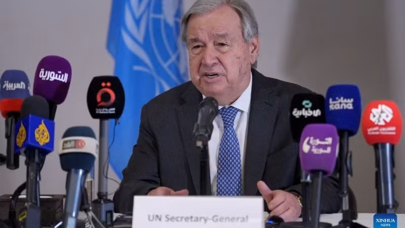 El secretario general de la ONU, António Guterres, durante una conferencia de prensa en el marco de su visita a Siria, el 26 de julio de 2026. (Foto: Xinhua)