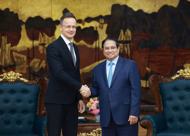 El primer ministro de Vietnam, Pham Minh Chinh (derecha), recibe al ministro de Asuntos Exteriores y Comercio de Hungría, Peter Szijjarto. (Foto: VNA)