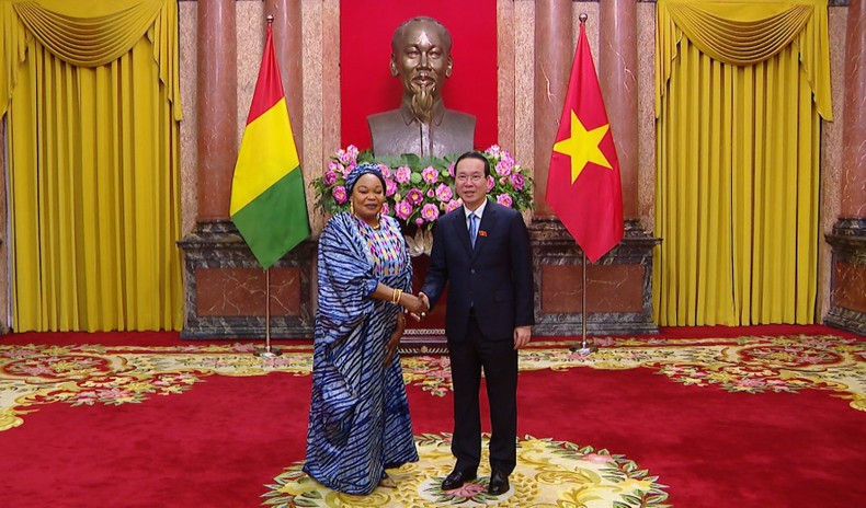 El presidente de Vietnam, Vo Van Thuong, recibe a la embajadora de Guinea, Aminata Koita.