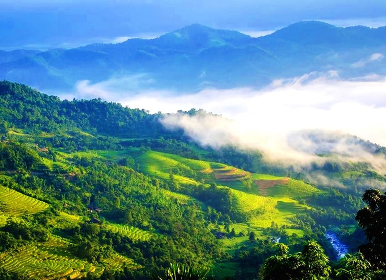 Cuando llega el otoño, el color amarillo de los campos en terrazas empieza a extenderse por las montañas.