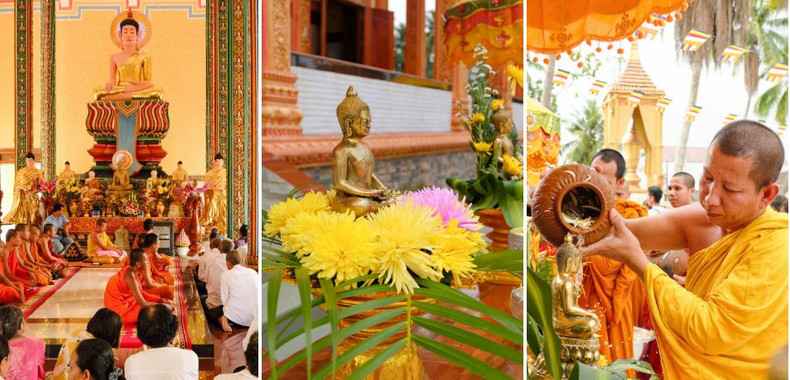 La ceremonia de baño de Buda es el ritual más importante. Los monjes y el pueblo jemer lo ejecutan usando ramas en flor y rocían gotas de agua impregnadas de fragancias florales sobre las estatuas de Buda. La ceremonia de baño de Buda es el ritual más importante. Los monjes y el pueblo jemer lo ejecutan usando ramas en flor y rocían gotas de agua impregnadas de fragancias florales sobre las estatuas de Buda.