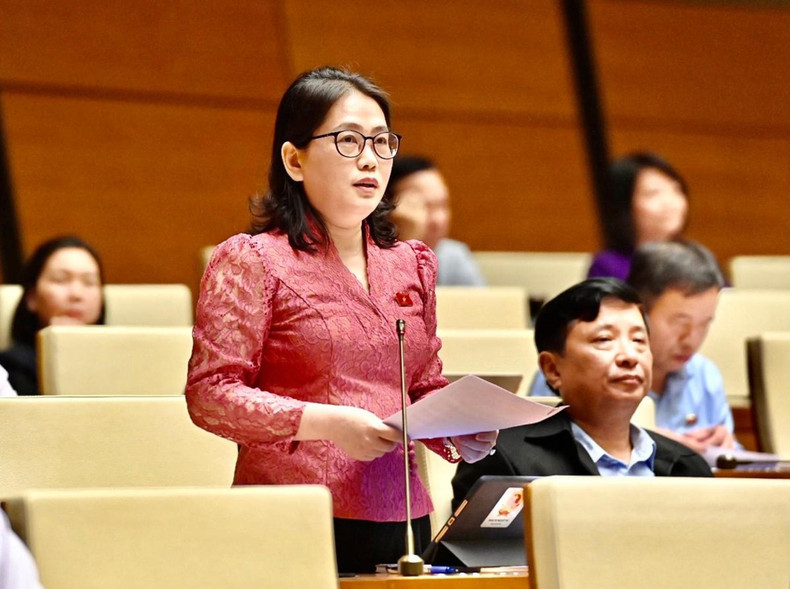 La diputada de provincia de Ha Tinh, Phan Thi Nguyet Thu interviene en la reunión.
